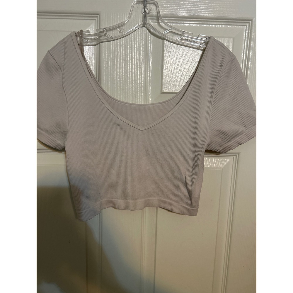 Aeropostale Womens XL Ribbed Knit V-Neck Short Sleeve Crop Top‎ Light Grey